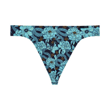 Blue floral-patterned thong on a white background